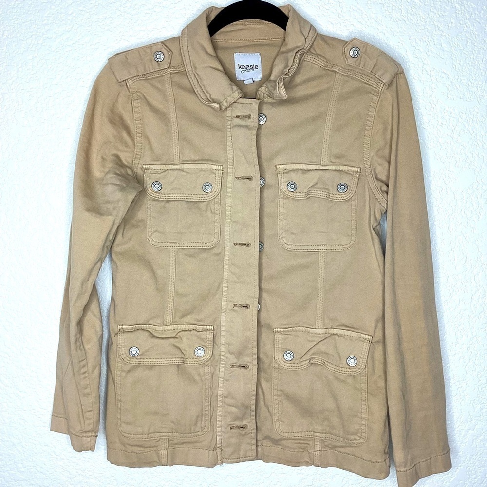 KENSIE JEANS SIZE S TAN BEIGE BROWN BLUE MILITARY UTILITY CARGO JACKET FALL WI…‎